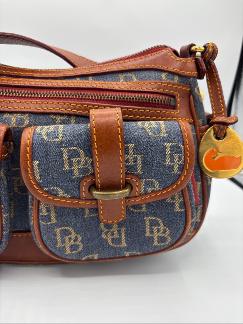 Vintage Dooney & Bourke Blue Logo Denim Banana Bag Brown Leather Trim - Picture 3 of 16